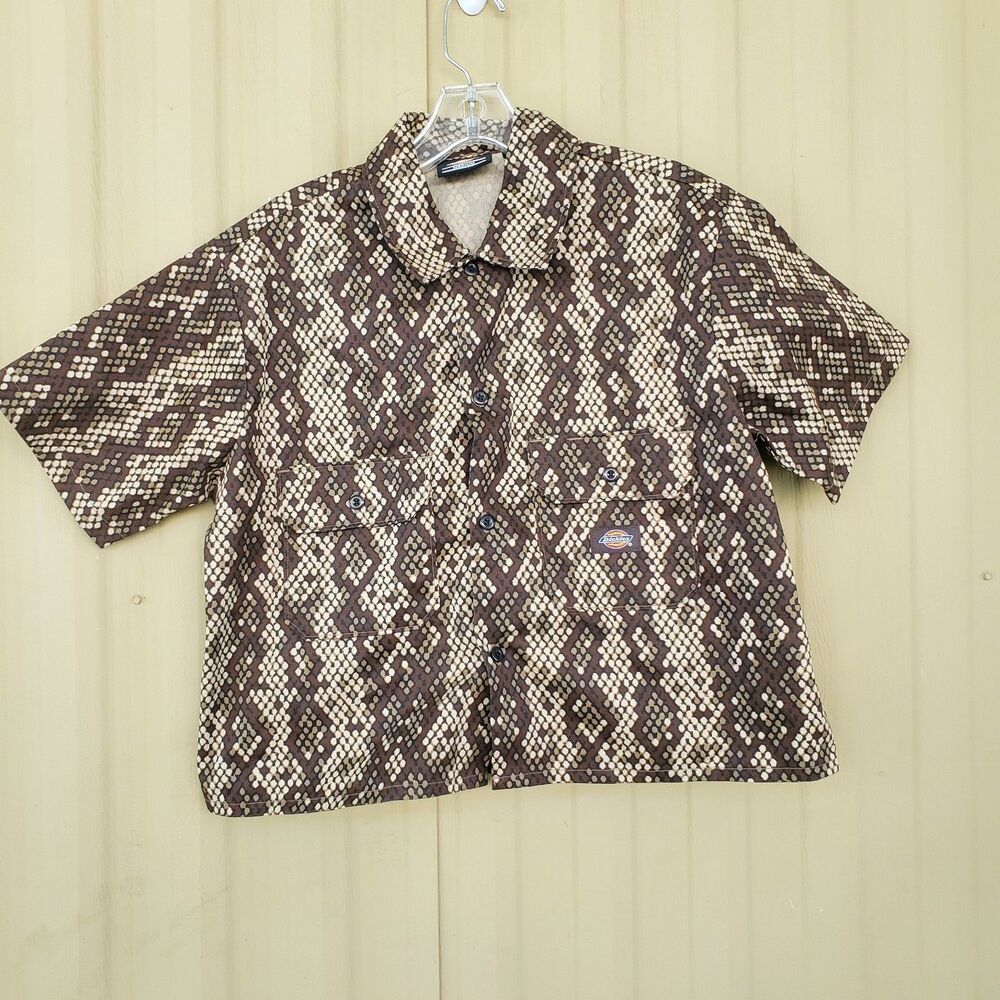 Dickies Camden Khaki Button Down Crop Short Sleeve Top Size XXS